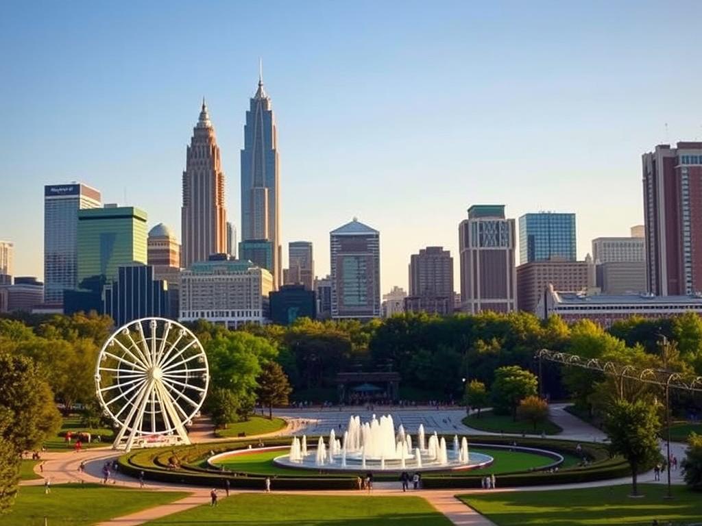 Atlanta skyline with Centennial Olympic Park in the foreground, a popular urban vacation from Nashville