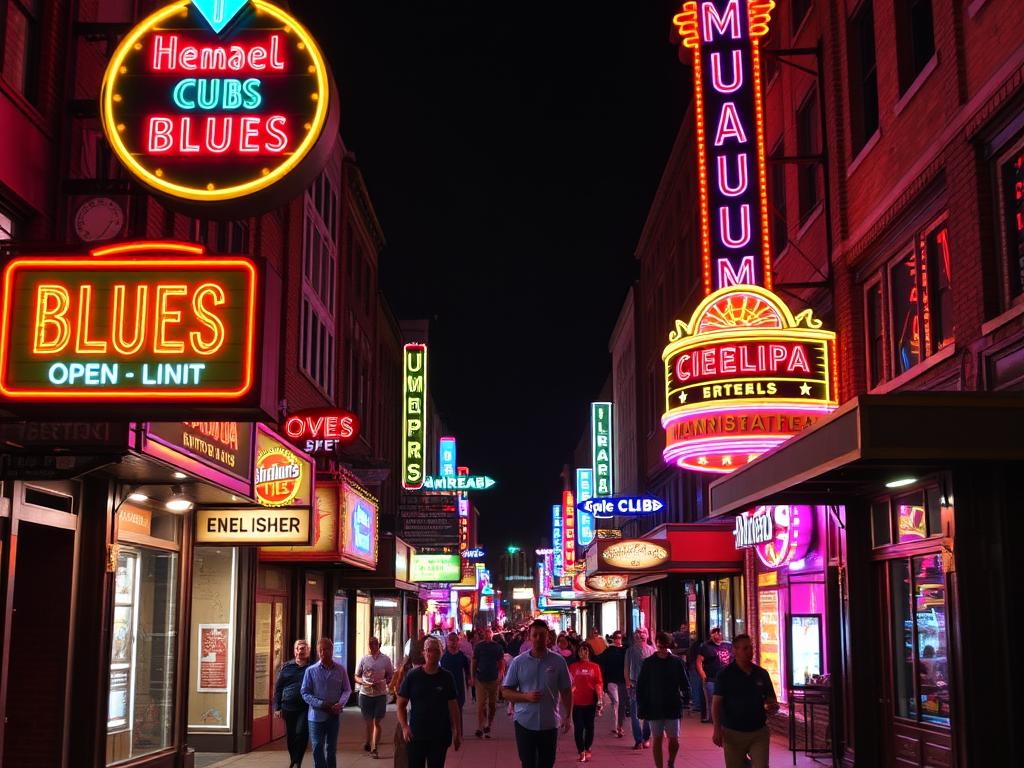 Beale Street in Memphis at night with neon signs and crowds, a highlight of vacations from Nashville