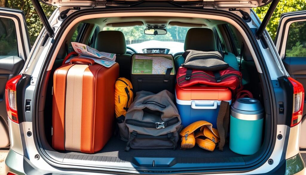 Car packed for a road trip vacation from Nashville with luggage and travel essentials