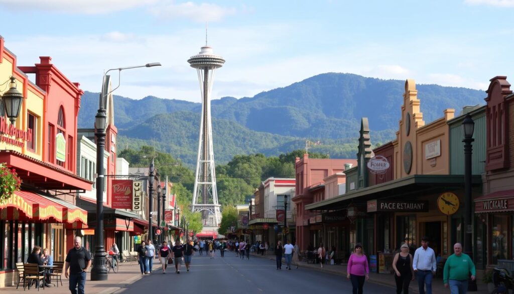 Gatlinburg's main street with shops and the Space Needle, a popular family vacation from Nashville