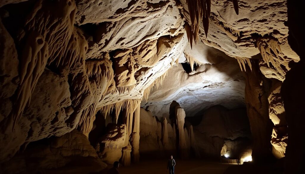 Interior of Mammoth Cave showing dramatic limestone formations, a unique vacation from Nashville