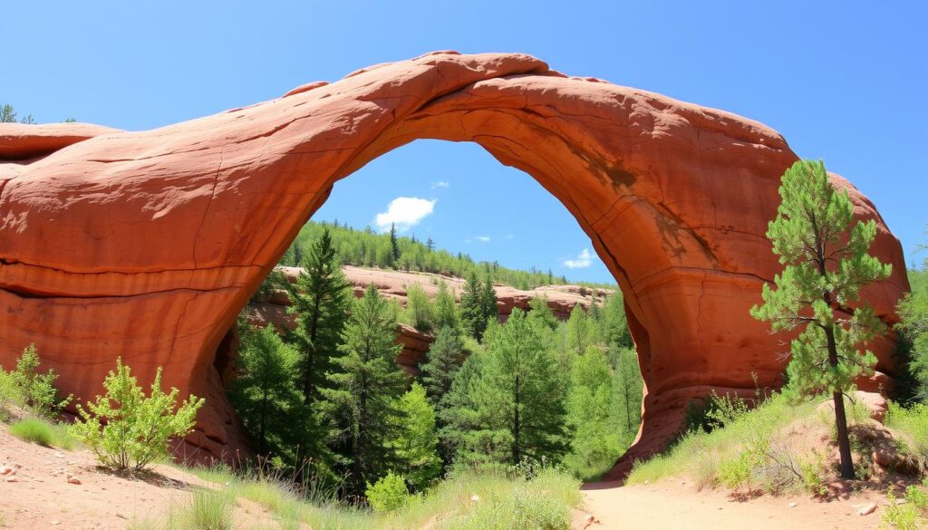 Natural stone arch at Red River Gorge with forest backdrop, a scenic vacation from Nashville