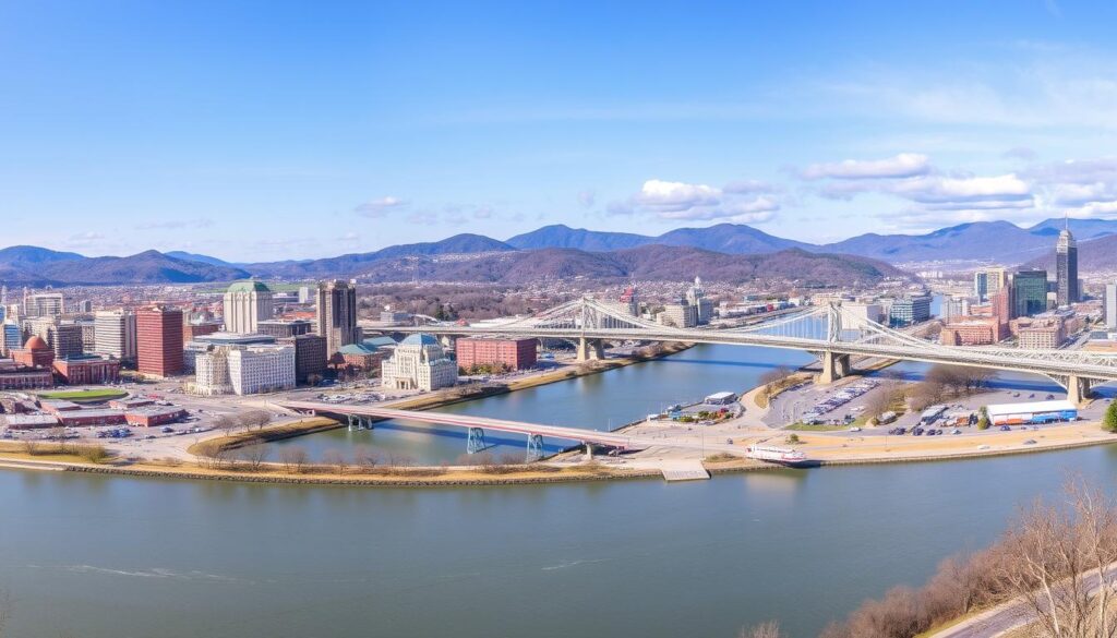 Scenic view of Chattanooga with the Tennessee River and surrounding mountains, a popular vacation from Nashville